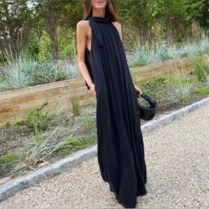 Something Navy XS Black Tie Neck Draped Flowy Maxi Dress